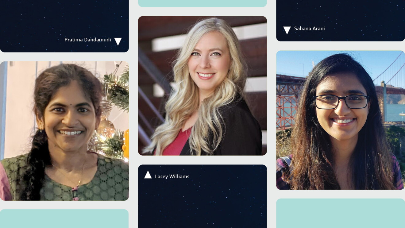 A collage of three headshots with Pratima Dandamudi to the left, Lacey Williams in the middle, and Sahana Arani to the right side. 