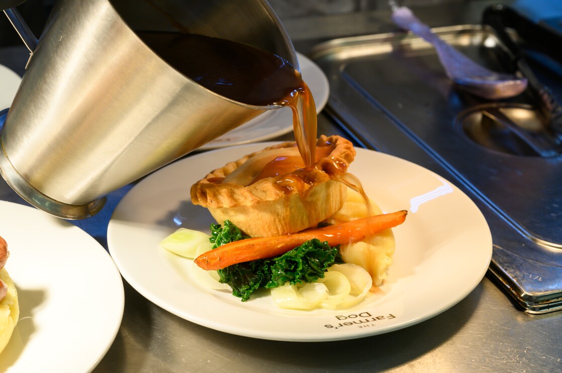 A steak pie being prepared at The Farmer's Dog in Burford, Jeremy Clarkson's proper British pub from Clarkson's Farm season 4