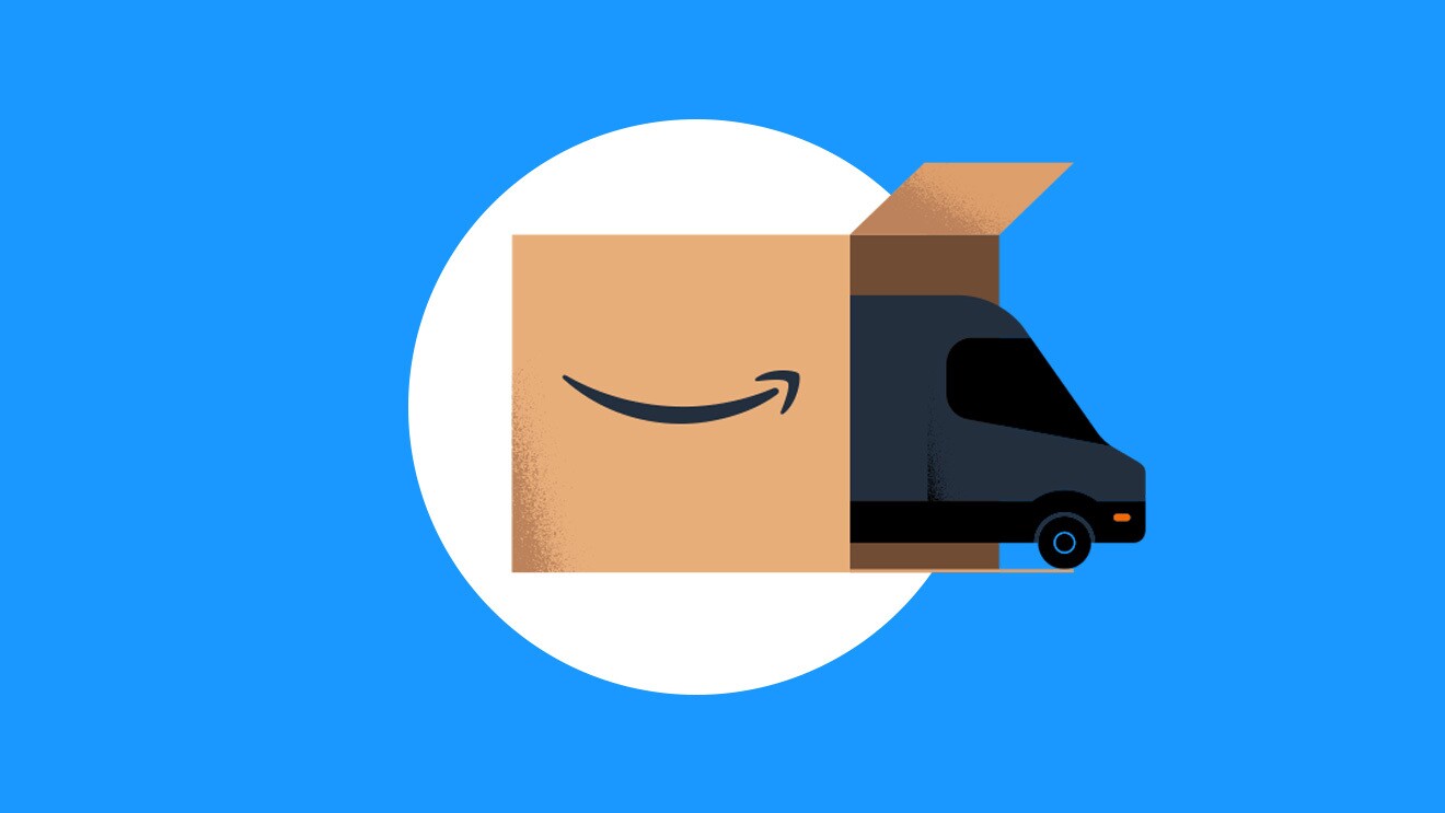 A graphic of an Amazon delivery van driving out of an Amazon box.