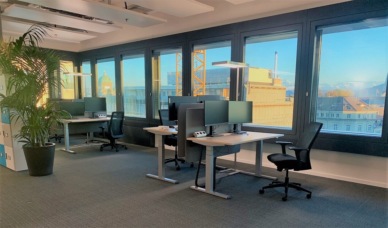 EIn Büro mit vier Arbeitsplätzen, die vor einer Fensterfront stehen.