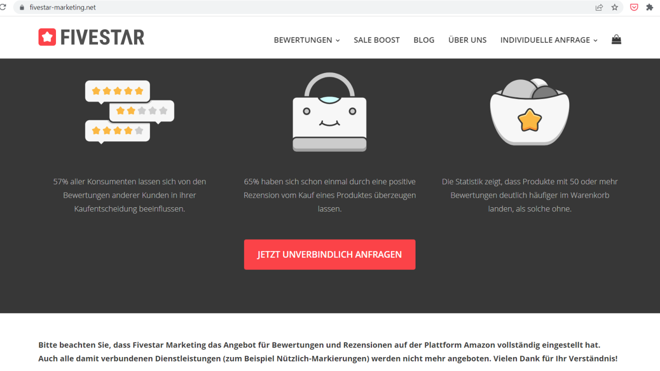 Fivestar Marketing Website. Grafik zum Bewertungssystem inklusive "Jetzt unverbindlich anfragen".