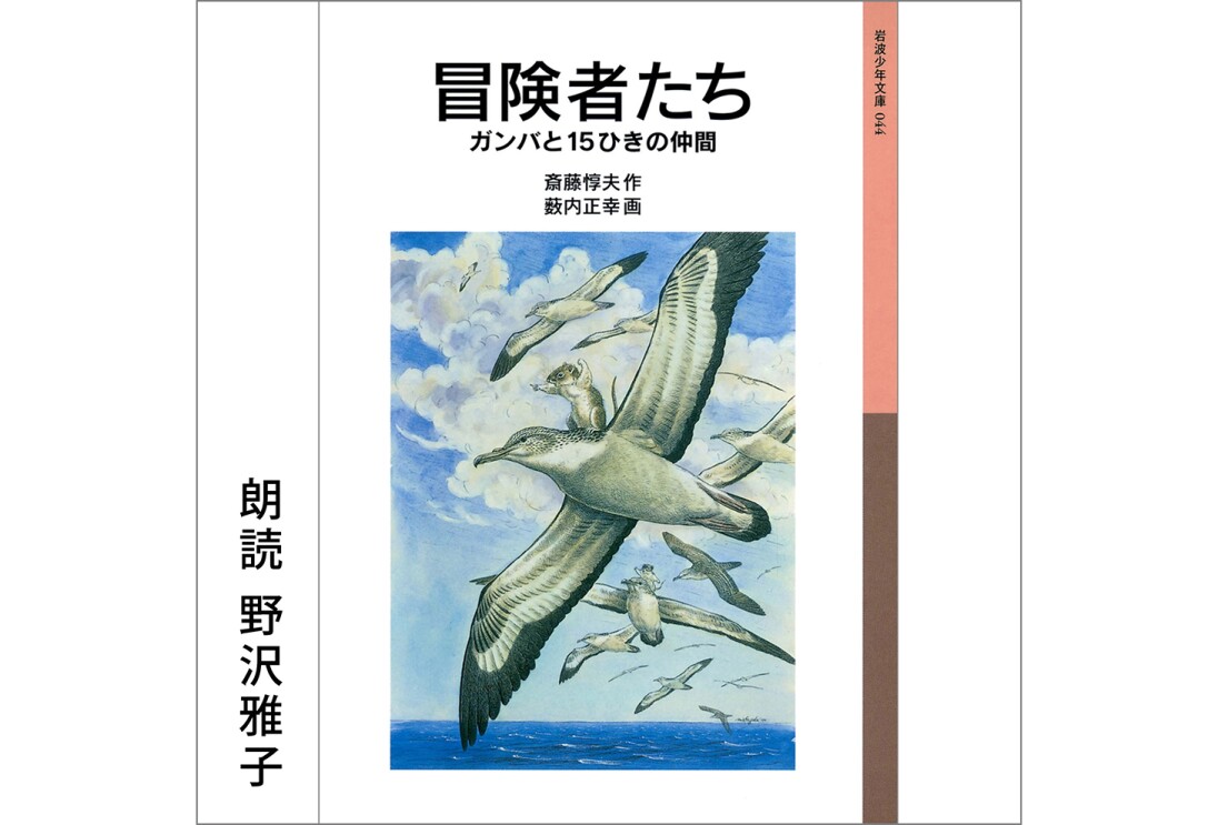 白背景に、縦長の書籍カバー。上に「冒険者たち ガンバと15ひきの仲間」、その下に白い雲が浮かぶ青い空と海を背景に白と黒のカモメが多数飛ぶカラーイラスト。大きなカモメの上にネズミがのっている。