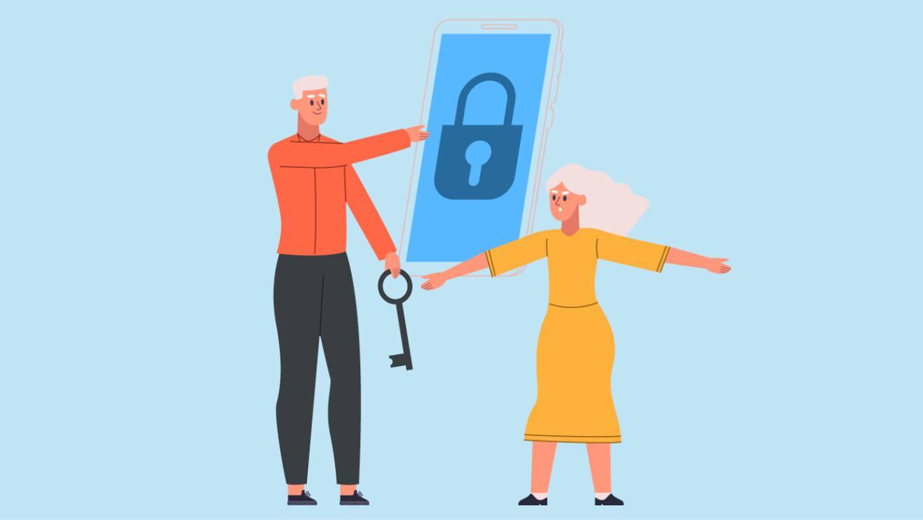 An illustrated image of a man and a woman standing. There is a phone behind them showing a lock on the screen, and the man is pointing to it with one hand, and holding a key on the other hand.