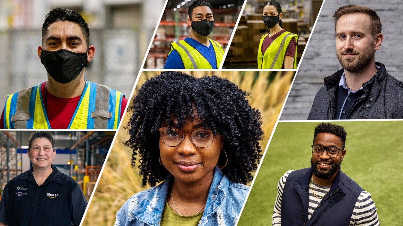 A collage featuring Amazon employees in both corporate and fulfillment center roles. Each individual portrait shows the employees either on their own in an outdoor space or inside their fulfillment center with a safety vest and mask on.