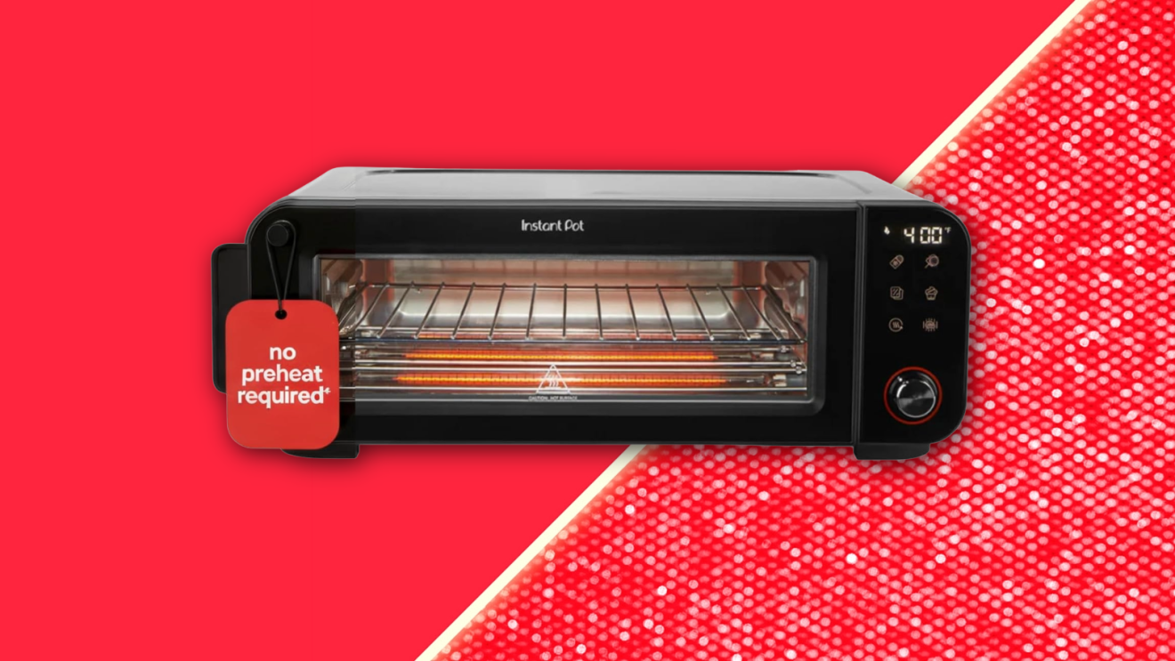 Instant Pot toaster oven floating against a vibrant red backdrop.