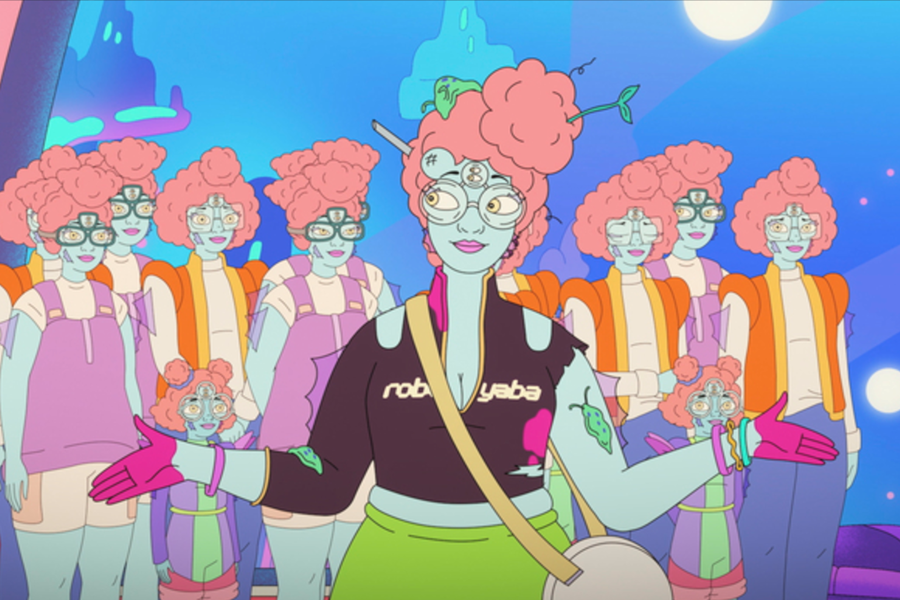 Pale blue intergalactic aliens with four eyes and pink hair standing in a blue room