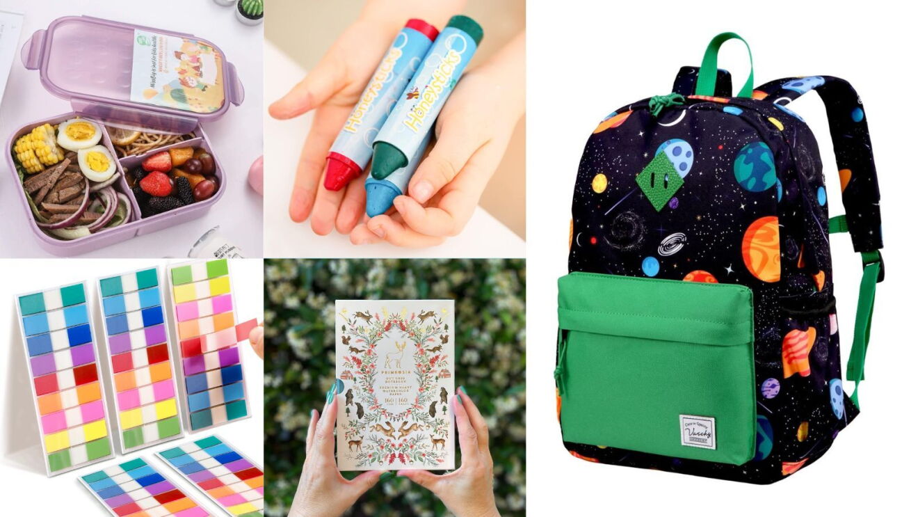Collage of back to school supplies from Amazon Australia, including a lunchbox, crayons, sticky notes, a notebook and a backpack.