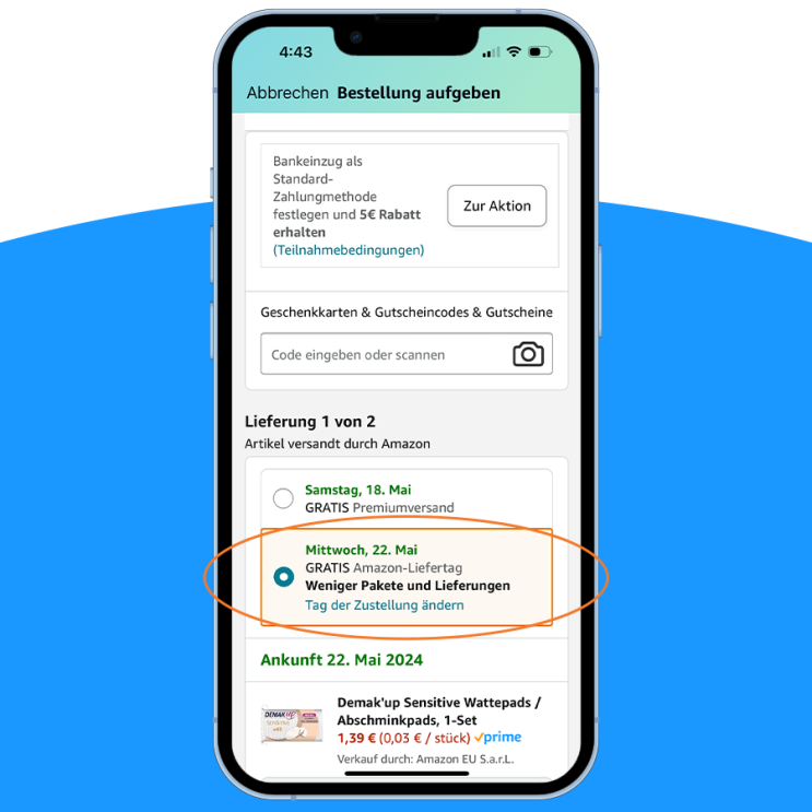 Mobiler Screenshot der Amazon App, um Pakete zu bündeln.