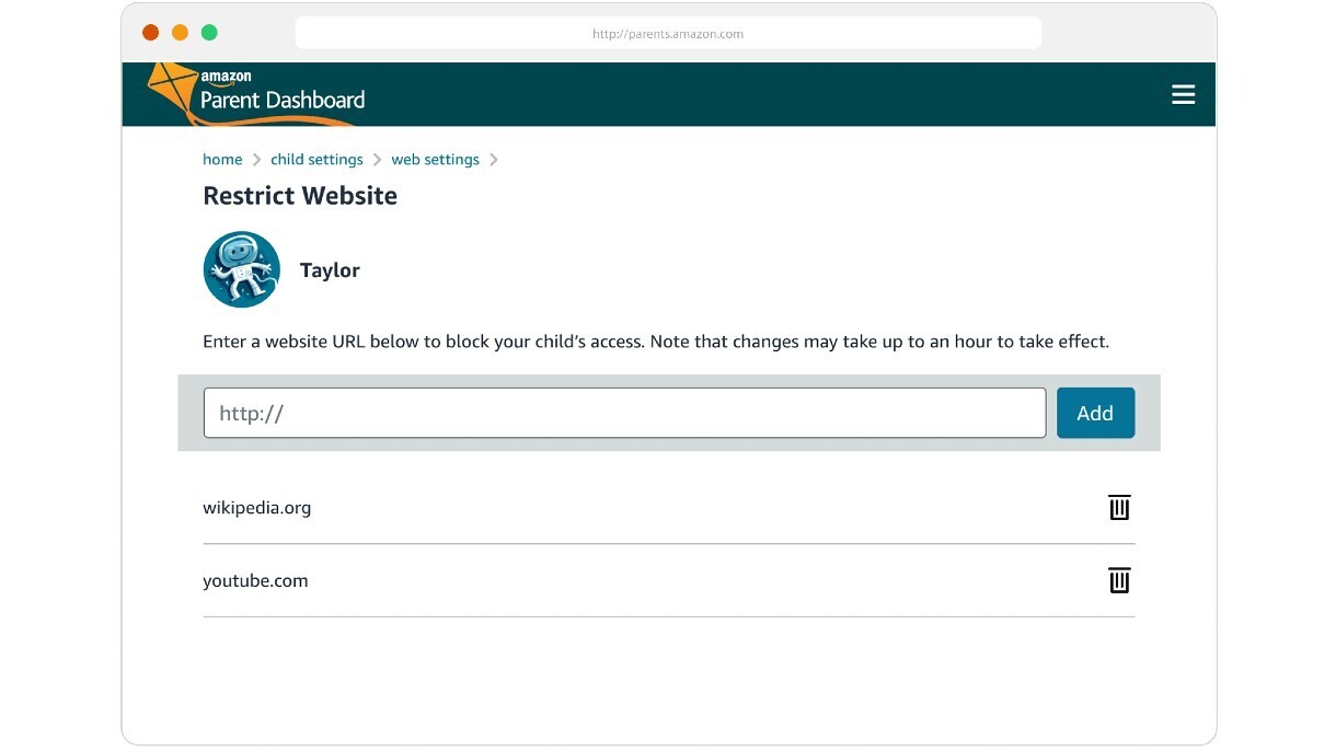 The Parent Dashboard featuring the "restrict website" section under web settings.