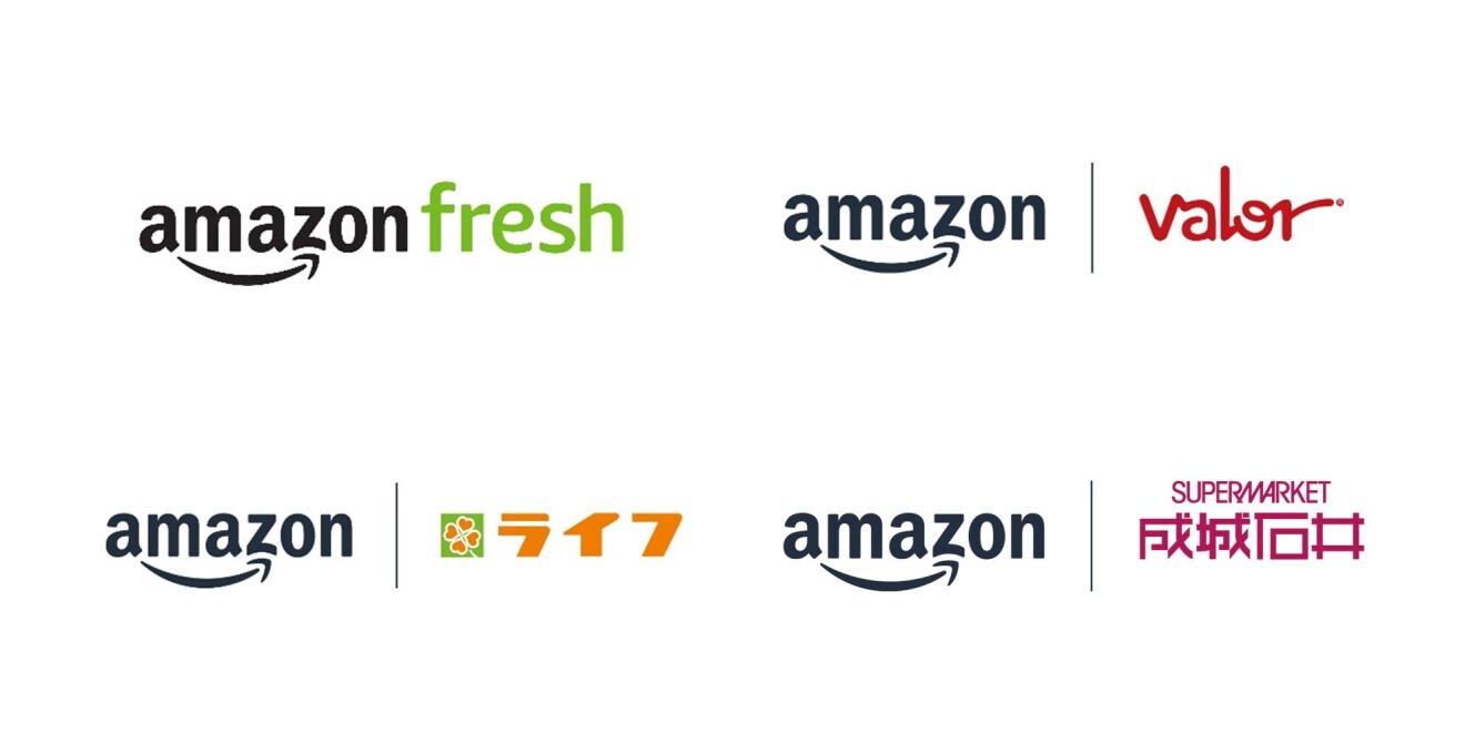 Amazonネットスーパーのロゴ4種。Amazon Fresh、Valor、ライフ、成城石井