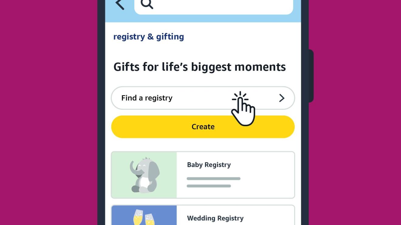Amazon registry & gifting, someone navigating finding a registry on mobile
