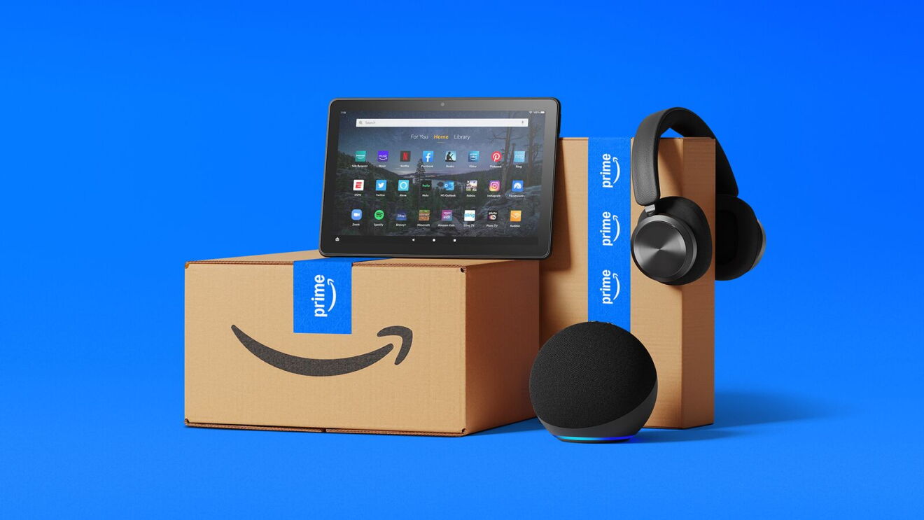 Amazon Prime boxes with Fire tablet, Echo speaker, and headphones