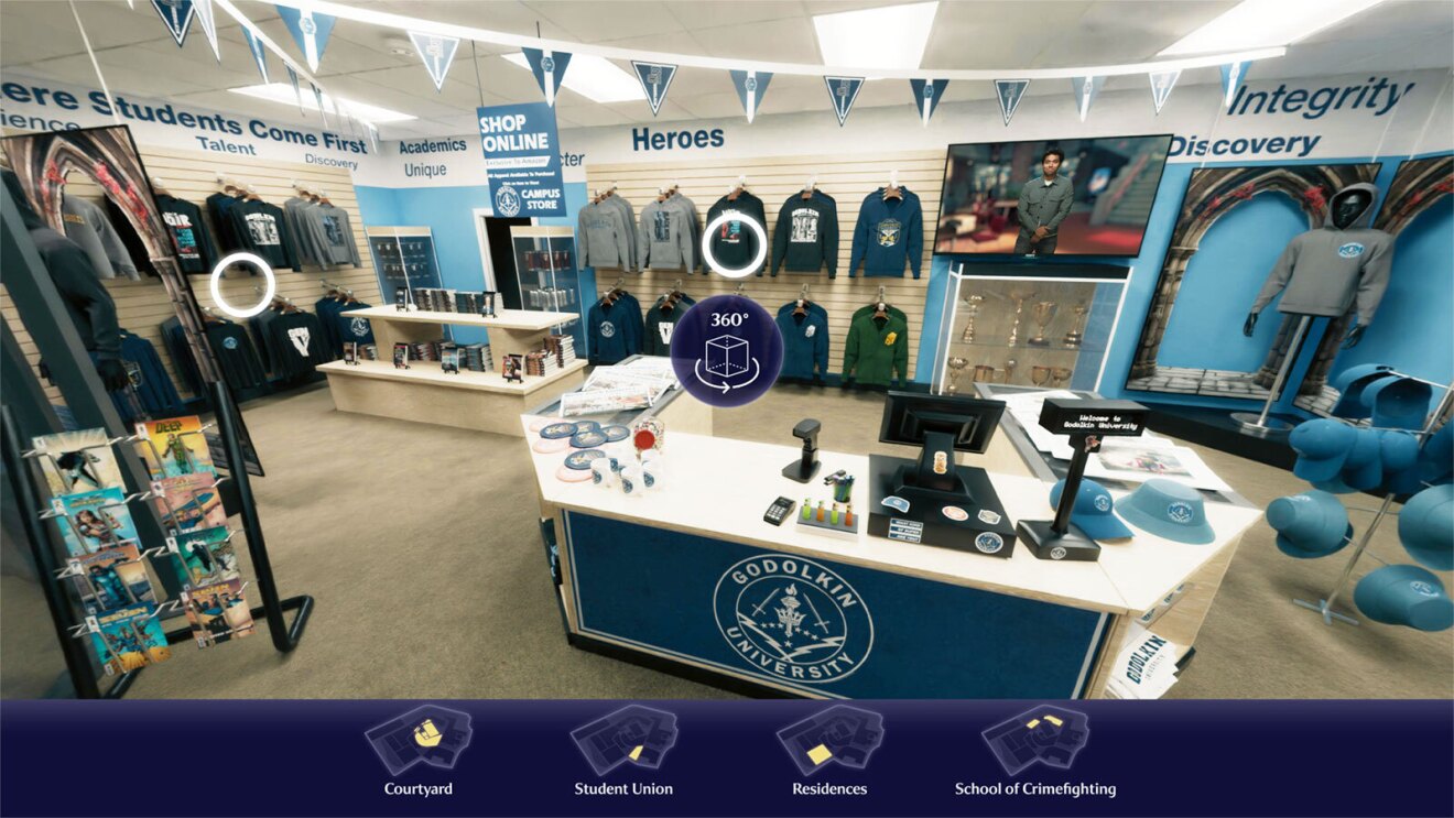An image of the virtual campus tour of Godolkin University from The Boys spinoff Gen V.