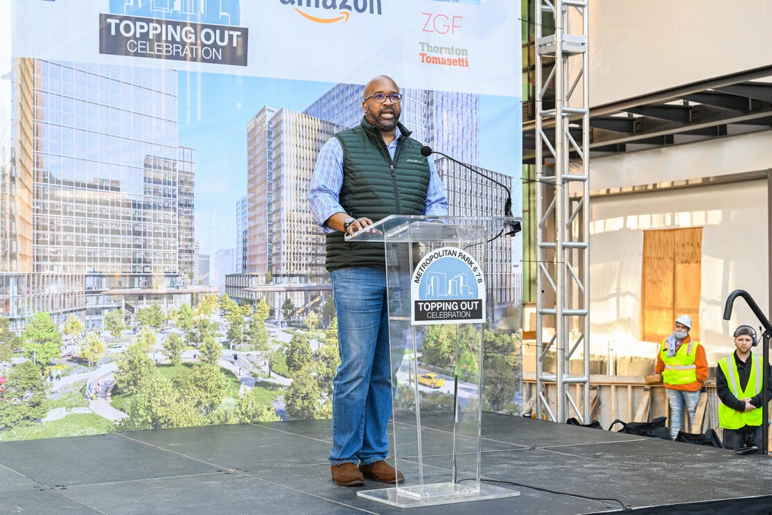 An image of the "top out" event celebration for Amazons HQ2's Met Park.