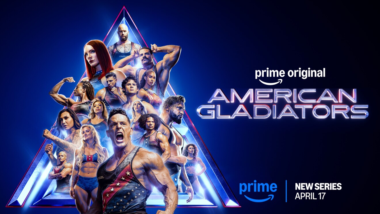 Promotional poster for Prime Original series 'American Gladiators' featuring muscular contestants