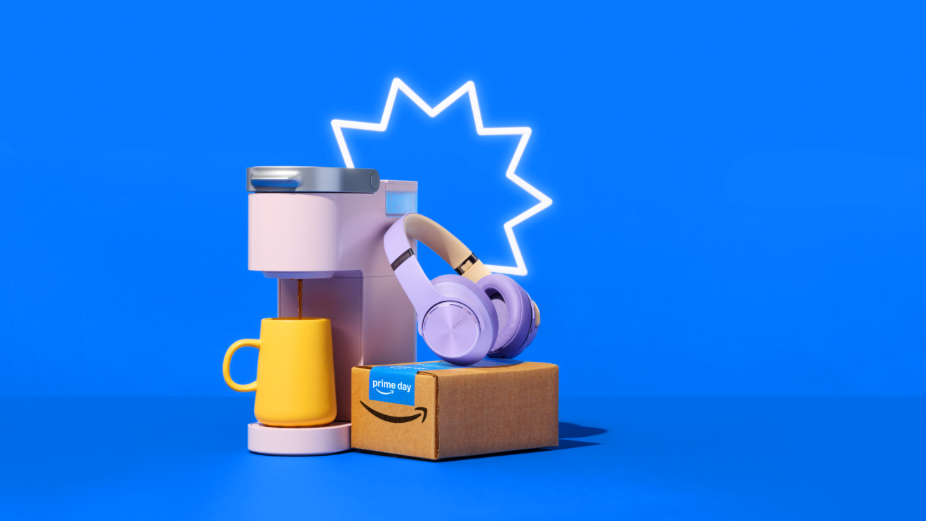 A coffee maker, headphones, and Amazon Prime box on a blue background with a neon star