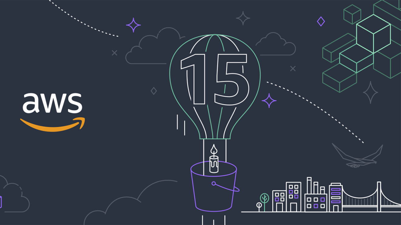 An illustration of a hot air balloon with "15" on it, and an AWS logo to the left. 