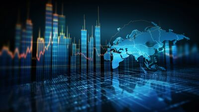 Fotomontaggio con una mappa dell'Europa e dell'Asia sullo sfondo, grattacieli e un indice segnato in rosso