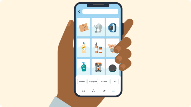 Hand holding smartphone displaying Amazon shopping app with various product categories