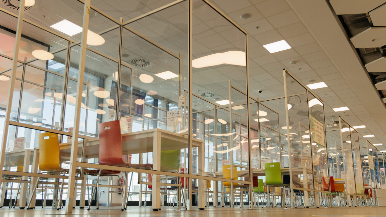 Cantina de un centro logístco de Amazon. Hay cuatro hileras de mesas de color blnaco con sillas de colores y todos los puestos tienen una mampara con plástico transparente para mantener la distancia de seguridad.  