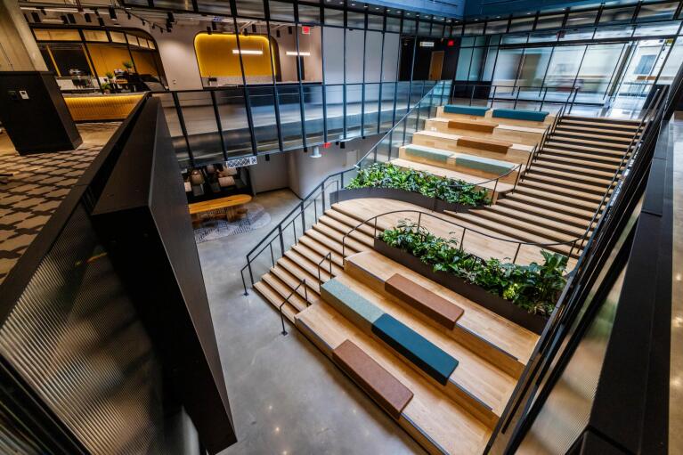 An image of a stadium seating area with many seats on steps and plants in between. There is also a large LED screen.