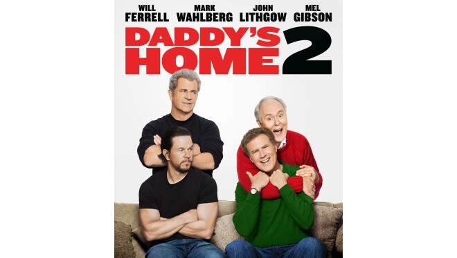 《爸爸的家2》的封面是梅尔·吉布森双手交叉站在马克·沃尔伯格身后。两人都穿着黑色衬衫。在右边,约翰·利思高穿着一件红色毛衣,紧紧地拥抱威尔·法瑞尔。法瑞尔穿着一件绿色毛衣。
