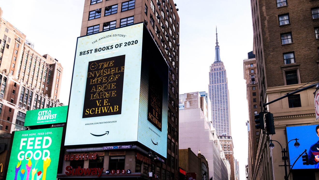 New York Square takeover of book title included Amazon's Best Books of the Year 2020 list.