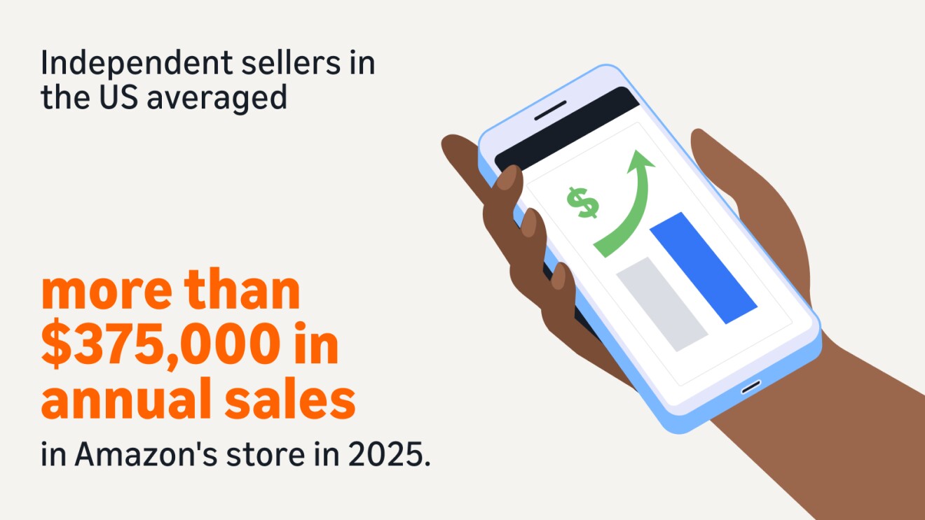 Hand holding smartphone displaying upward trending sales graph with dollar sign, illustrating independent sellers averaged over $375,000 in annual sales on Amazon's store in 2025