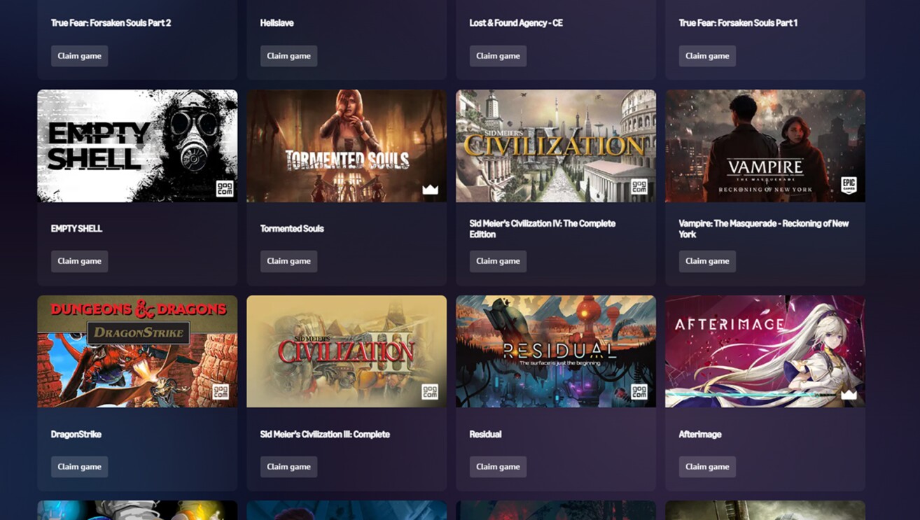 Amazon Luna Claim game page featuring a rang of available video games