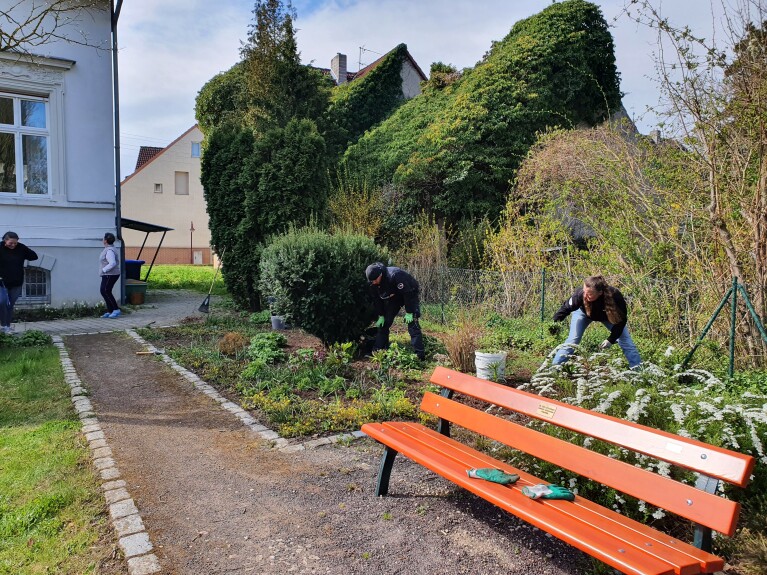 Mitarbeiter:innen des Logistkzentrums Sülzetal helfen ihren Stadtteil Langenwedding sauber zu machen und die Grünanlagen zu pflegen.