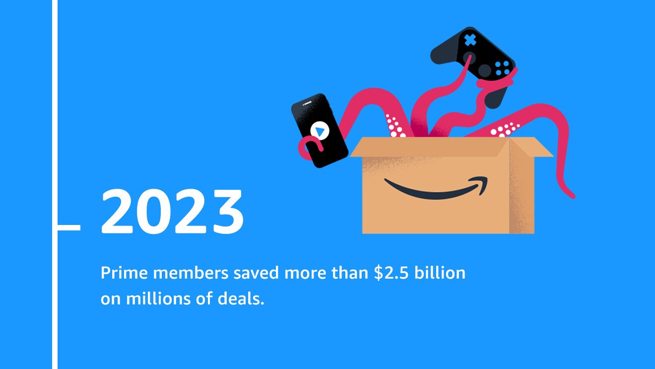 on the right, an illustration of tentacles holding electronics and coming out of an amazon prime box. the text says 2023 prime members saved moe than $2.5 billion on millions of deals.