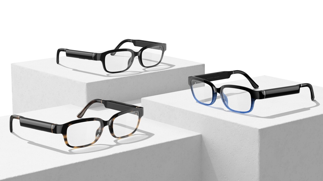 An image featuring three pairs of Amazon's new Echo Frames glasses. The first pair is tortoise shell and black, the second is all black, and the third is blue and black.