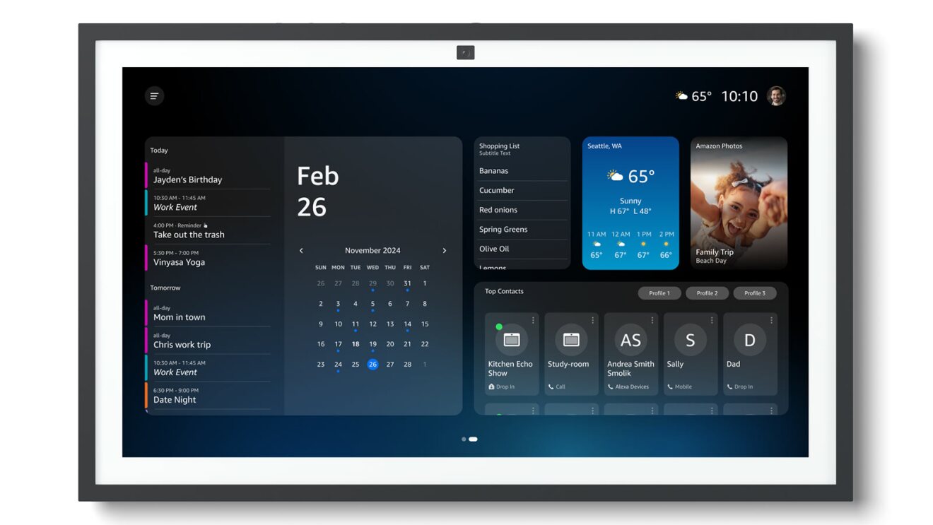 Smart home dashboard displaying calendar, weather, shopping list, and contacts