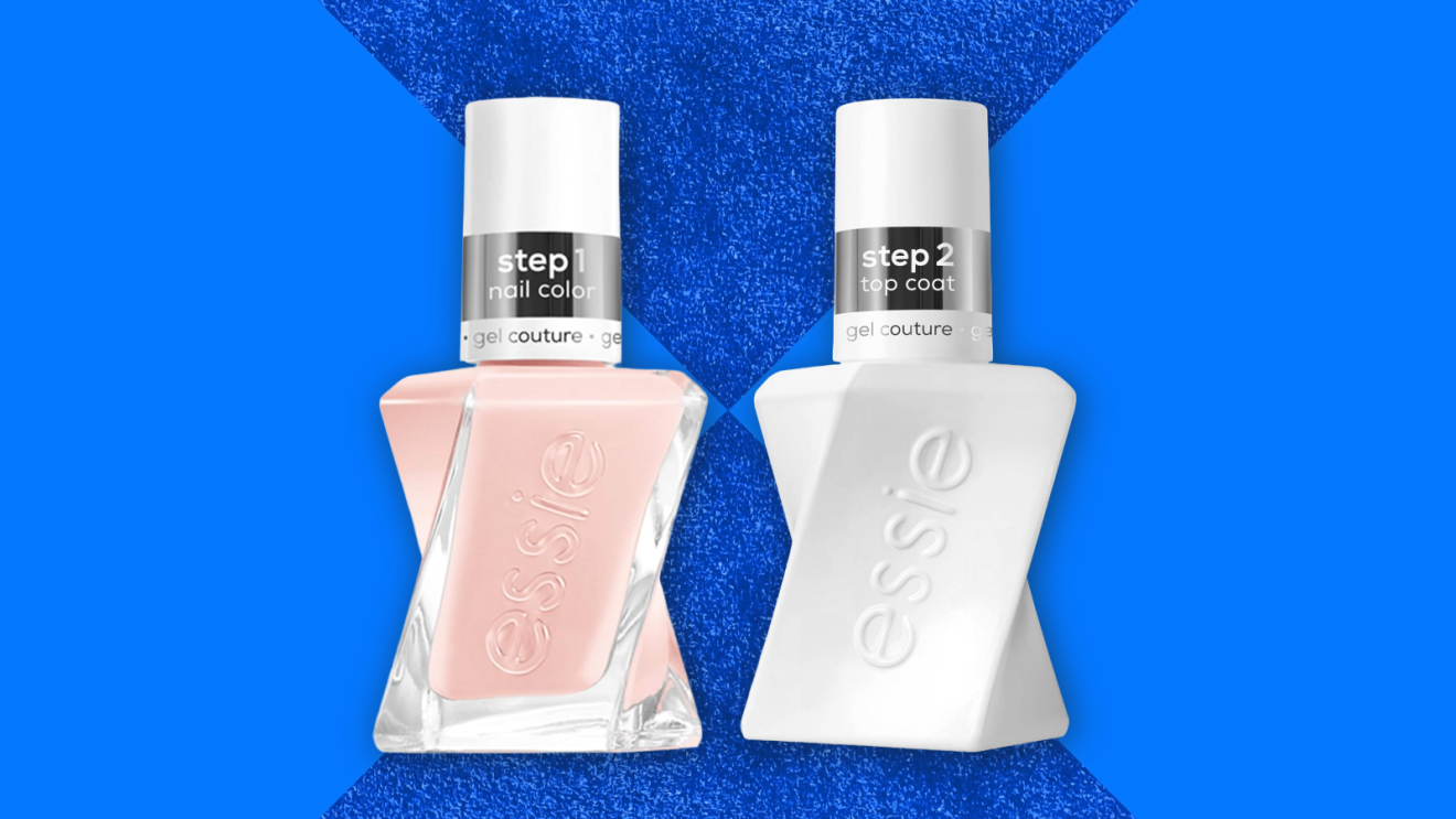 Essie Gel Couture nail color and top coat two-step set on blue background for Amazon Prime Big Deal Days 2026