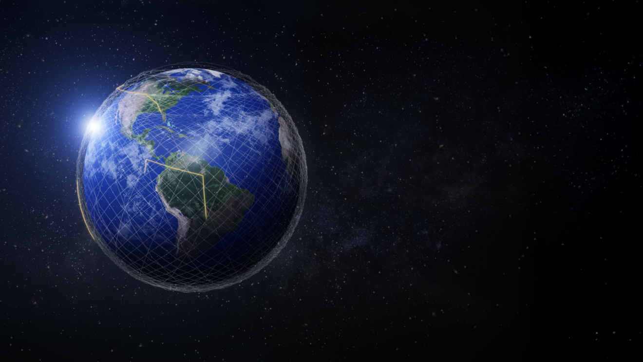 Planet Earth surrounded by digital connectivity web in starry space