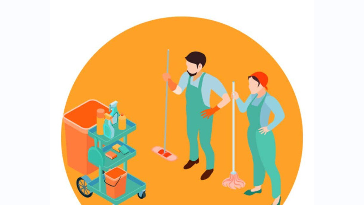 Illustration on orange background illustrating COVID-19 safety measures that individuals can take, including handwashing or social distancing.