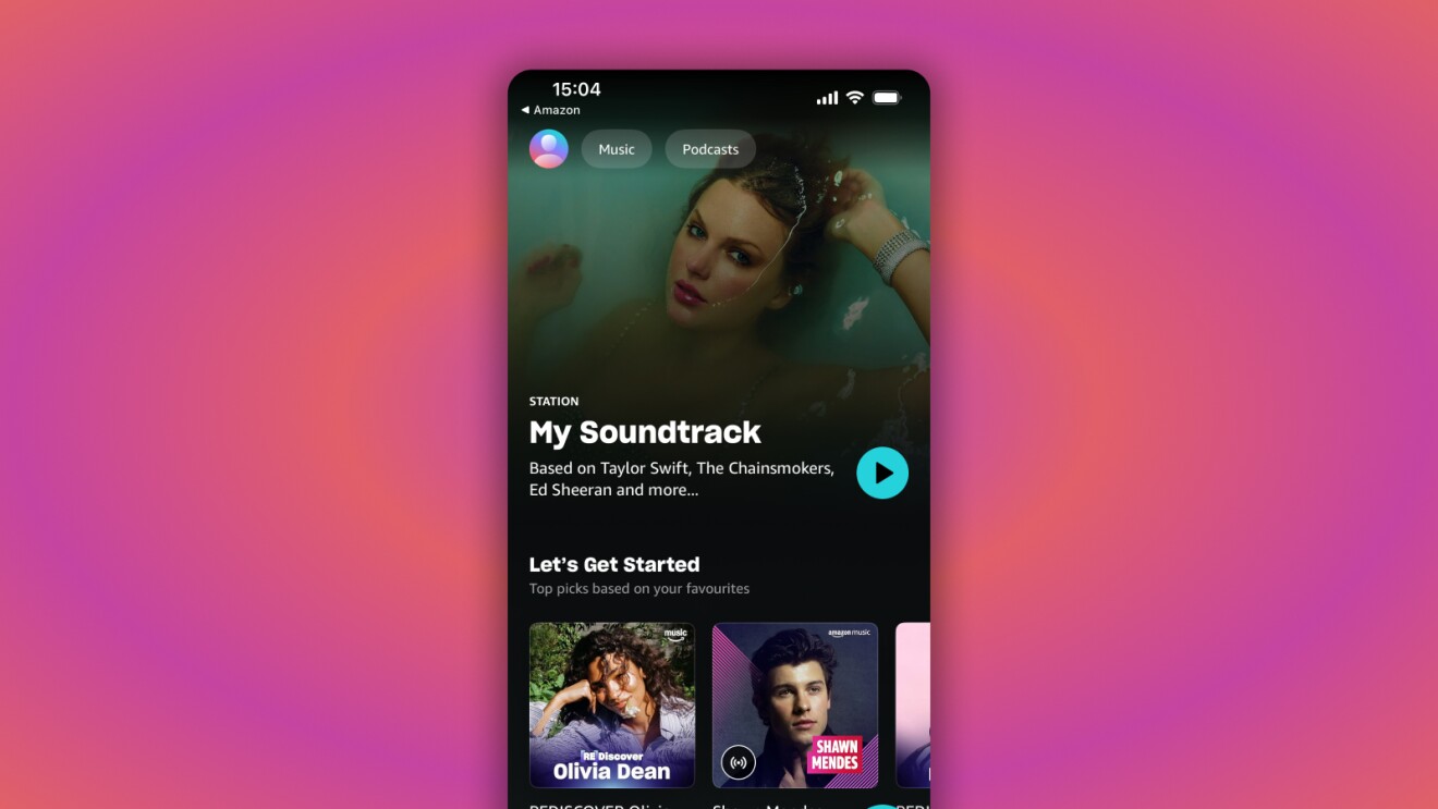Amazon Music app interface showing personalized soundtrack and artist recommendations