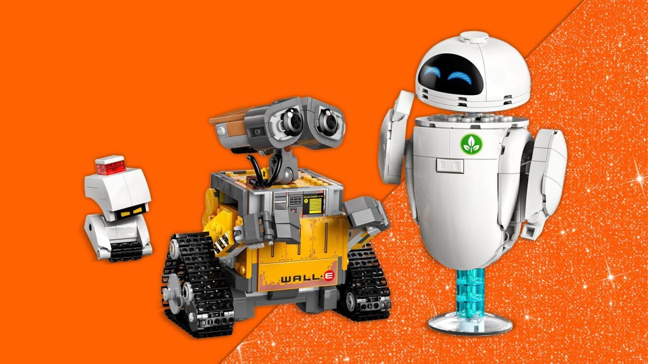Three cartoon robot characters from Pixar's WALL-E against orange background