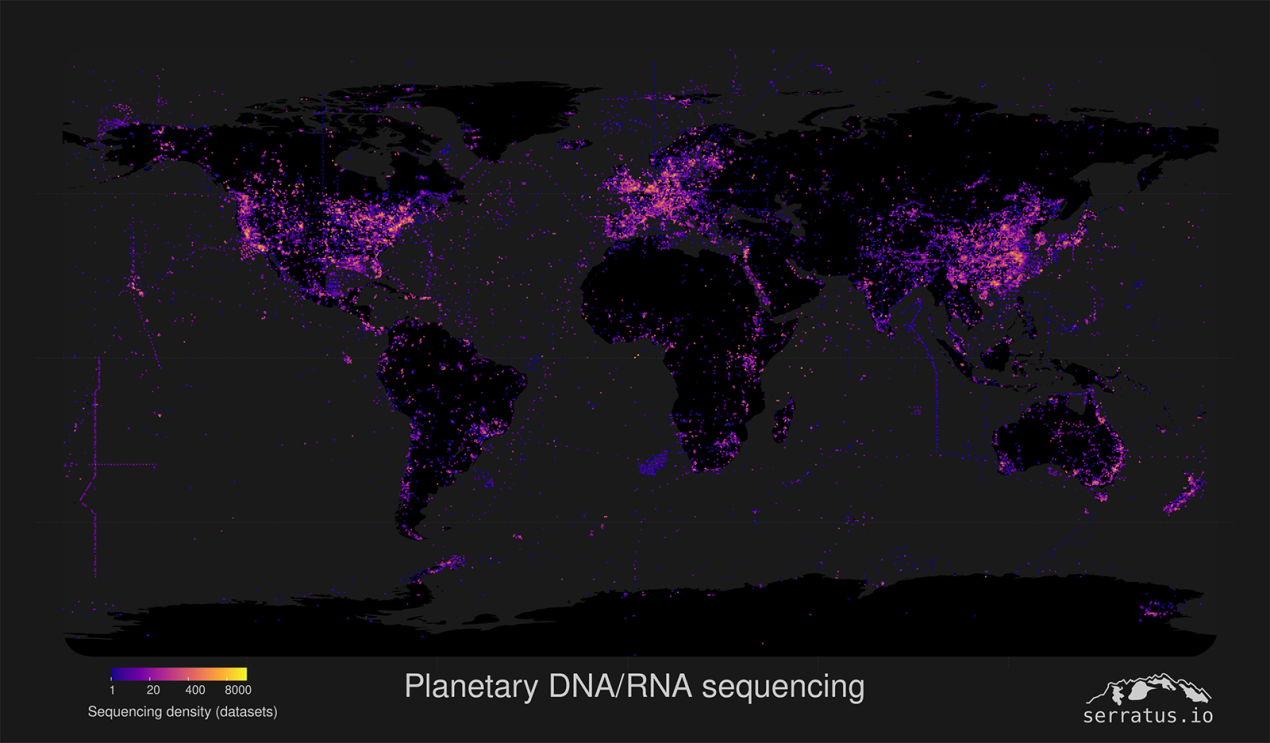 An image of a dark map of the world with purple spots lit up to show planetary sequencying. 