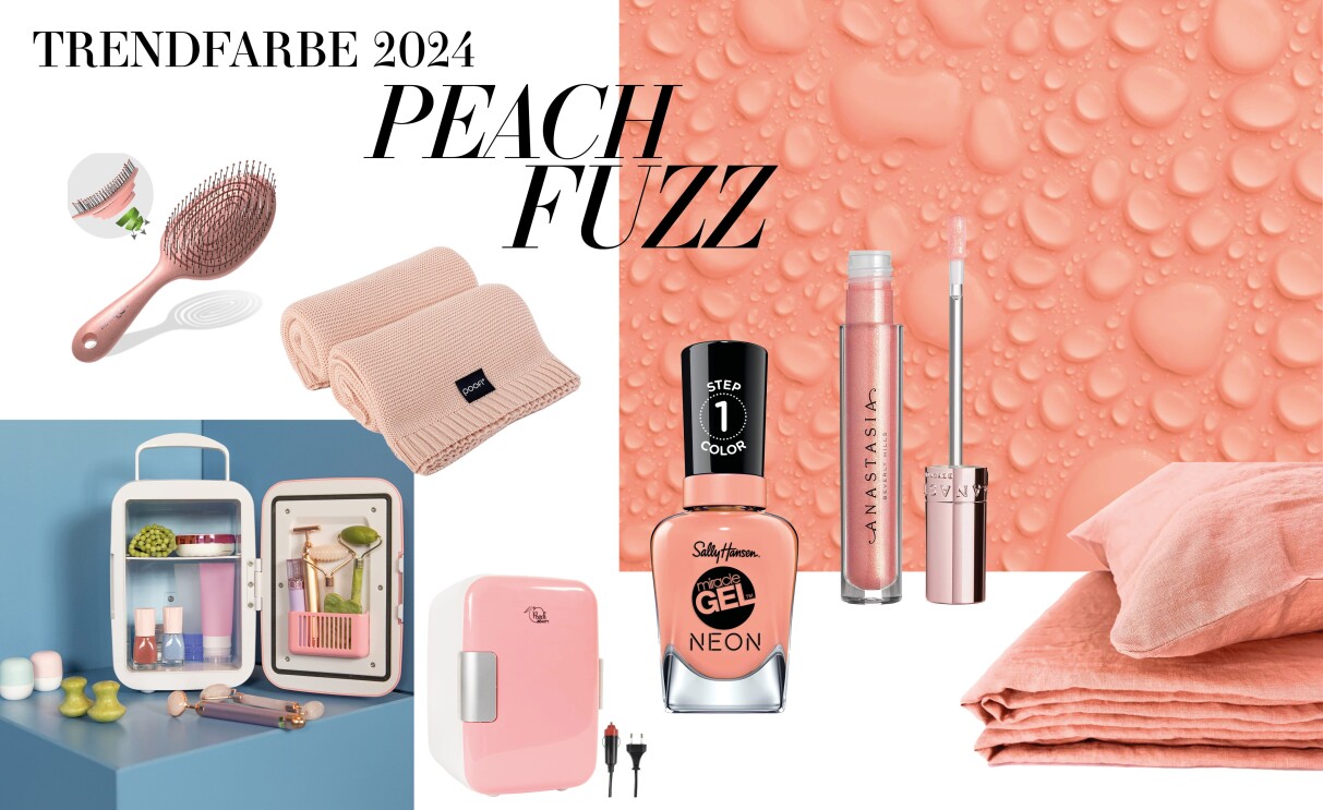 Collage mit verschiedenen Artikeln in der Trendfarbe Peach Fuzz