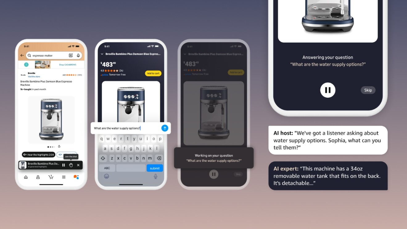 Amazon shopping interface showing AI assistant answering questions about an espresso machine's water supply options through voice and text