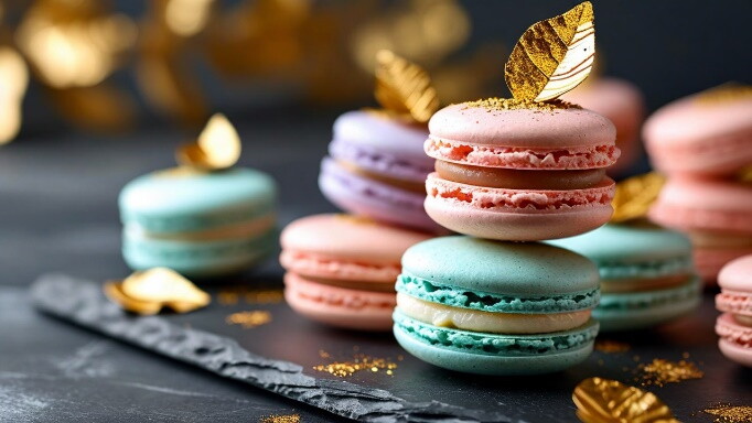 Bunte Macarons mit goldenen Dekoelementen auf dunklem Untergrund arrangiert.
