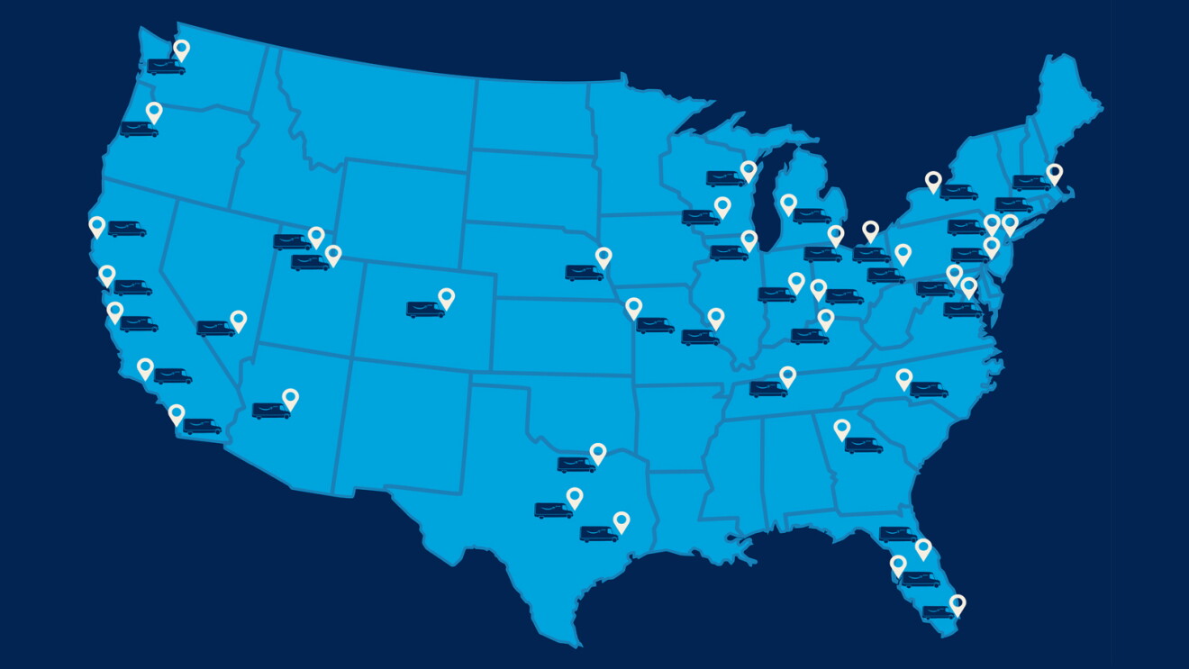 A blue map of the united states with pins and vehicle icons placed in several states.