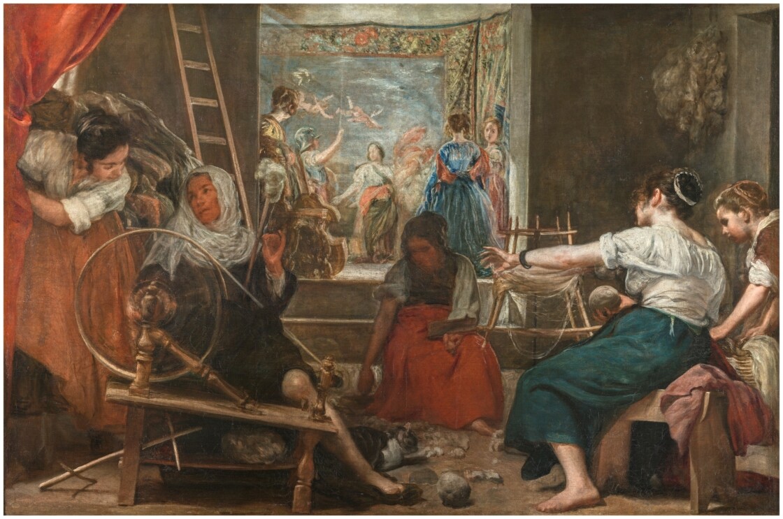 La pintura de Diego Velázquez Las hilanderas o la fábula de Aracne. Obra envuelta en una doble retórica de misticismo mitológico. Representa una escena típica de producción textil de la época barroca. Escenifica la concentración y la dedicación del trabajo manual y preciso de los detalles. Empodera la figura de la mujer olvidada y encerrada en los talleres de costura. La representación de la diosa Atenea sugiere el afán por la formación, la superación, la competitividad y el progreso.