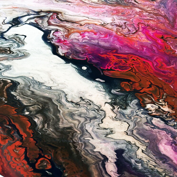 An abstract painting with rivers of color, including red, purple, pink, ochre, magenta, black, and white. 