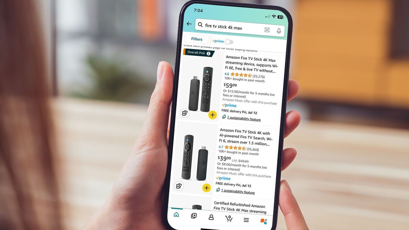 Person shopping for Amazon Fire TV Stick 4K Max on smartphone