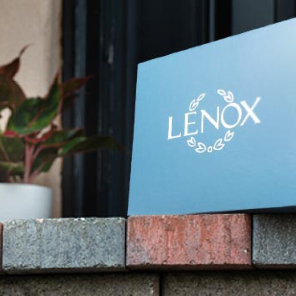 雷诺克斯玻璃器皿的盒子坐在砖家门口。