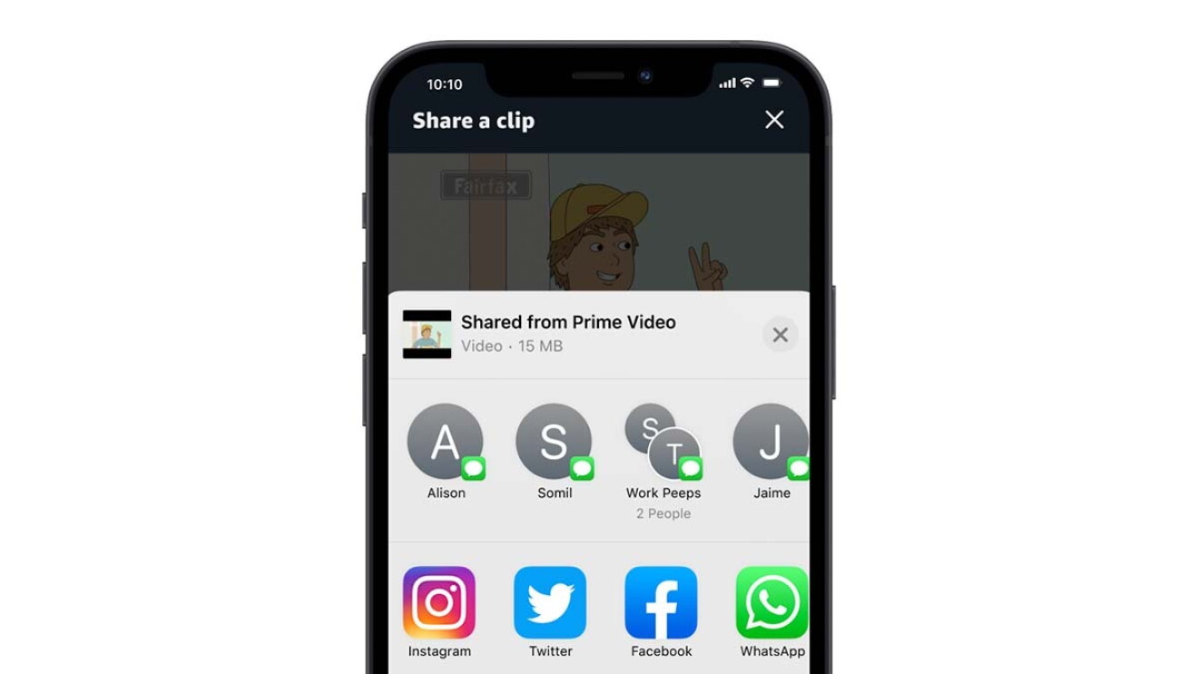 A screen view of how to share a Prime Video clip on an iPhone.