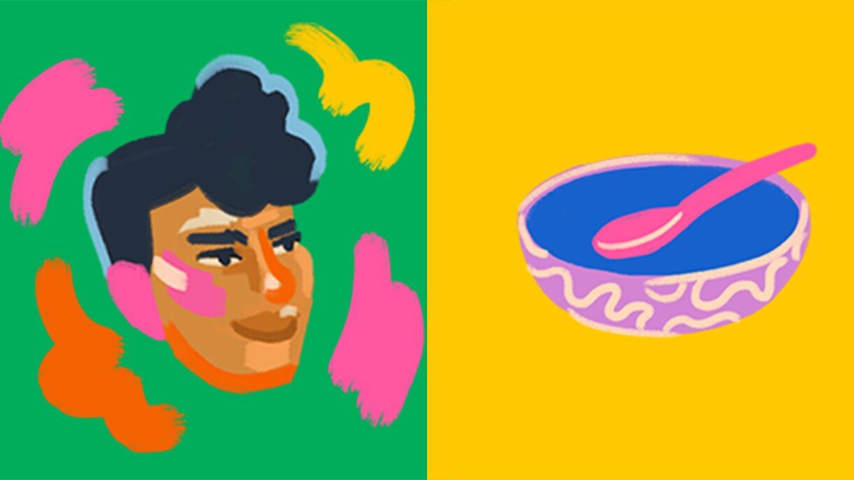 An split image showing two illustrations. One is a man's face against a green background with line illustrations around it. The other is a colorful bowl with a spoon in it against a yellow background.