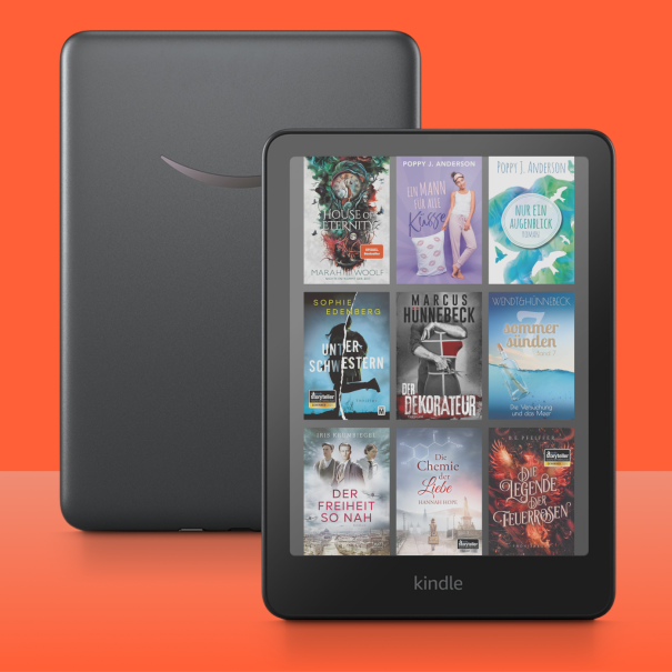 Kindle Direct Publishing: Kindle mit vielen Buchtiteln auf einem organgen Hintergrund